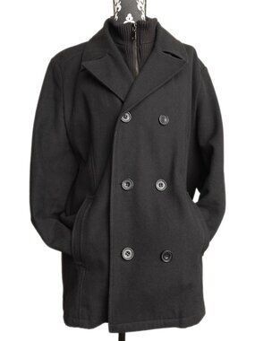 Men's Classic Black Wool Blend Double Breasted Kenneth Cole Peacoat - XL
